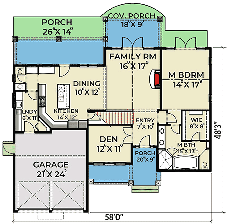 Plan 280060JWD: Two-story Craftsman Home Plan with Covered Rear Porch - Floor Plan - Main Level - Coastal, Country, Craftsman, New American, Shingle
