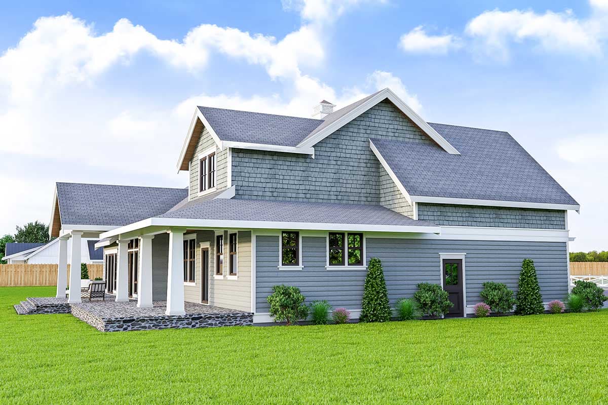 House plan exterior: Modern Farmhouse style, two stories, with a wrap-around porch, gables, and shingle siding.