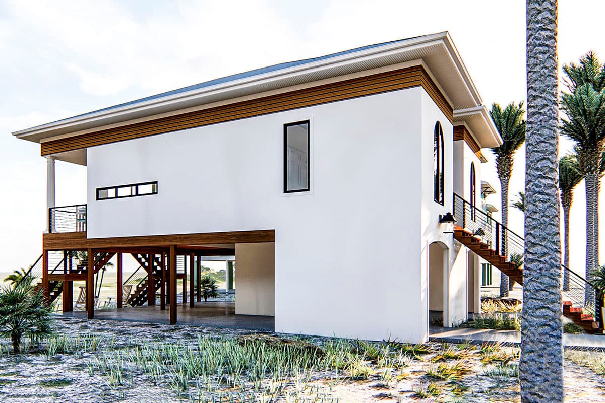House plan exterior: Modern stilt home with two staircases, horizontal banding under eaves, and varied window shapes.