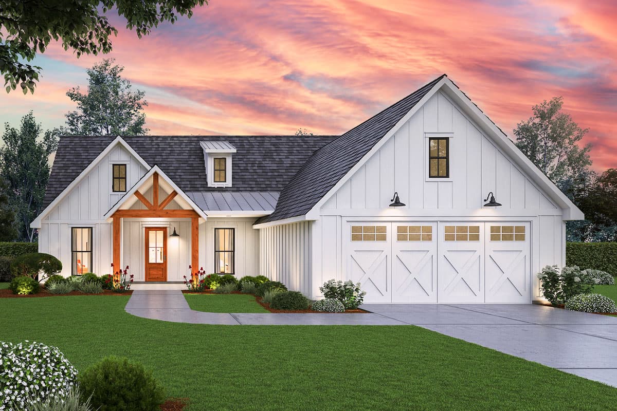 Modern Farmhouse house plan exterior with a gabled roof, dormers, and a three-car garage. Features a covered porch and symmetrical design.