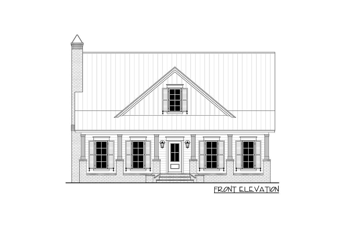 Front elevation drawing of a two-story house plan with a metal roof, gabled dormer, and porch with columns.