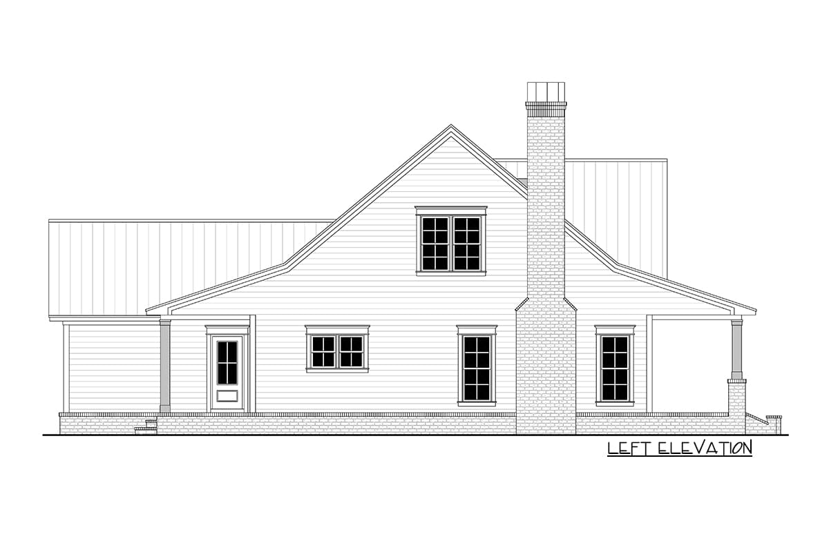 House plan left elevation drawing shows a gable roof, dormer, brick chimney, and covered porch.
