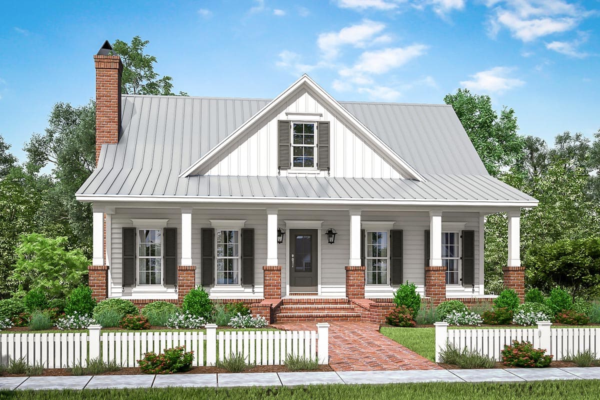 House plan exterior. A farmhouse-style design with a metal roof, front porch with columns, brick chimney, and a central gable.