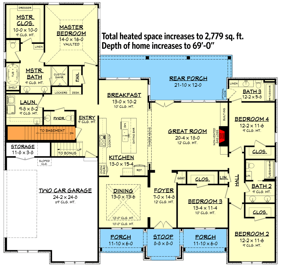 Plan 51809HZ: 4-Bed Modern Farmhouse House Plan with Split Bedrooms - 2751 Sq Ft - Floor Plan - Basement Stair Location - Country, European, Farmhouse, French Country, Modern Farmhouse, Southern, Traditional