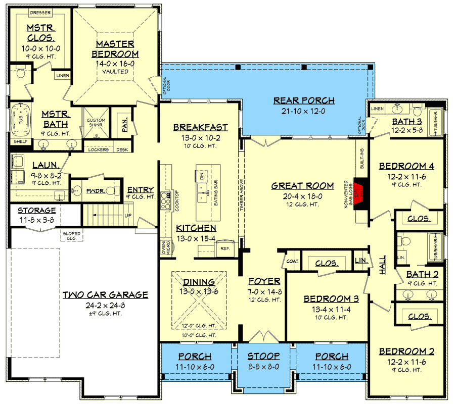 Plan 51809HZ: 4-Bed Modern Farmhouse House Plan with Split Bedrooms - 2751 Sq Ft - Floor Plan - Main Level - Country, European, Farmhouse, French Country, Modern Farmhouse, Southern, Traditional