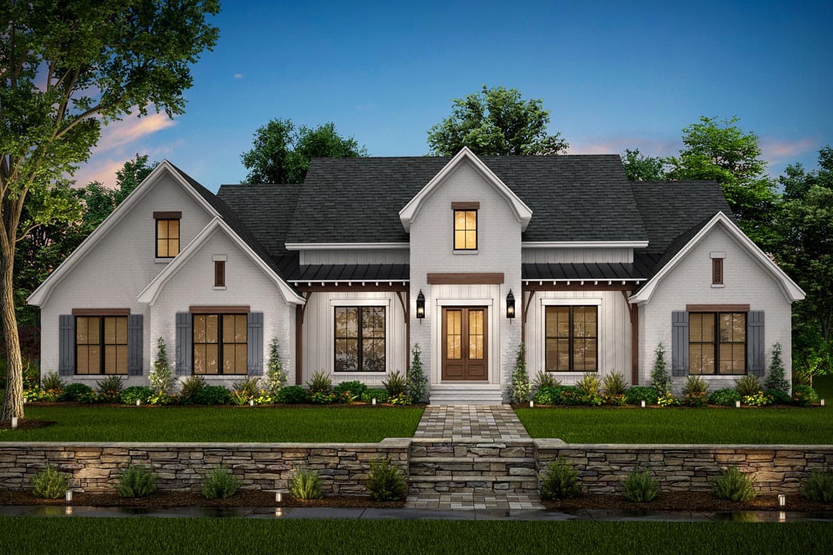 House plan exterior: Modern Farmhouse style, one story, white brick, large gables, stone accents, and covered entry.