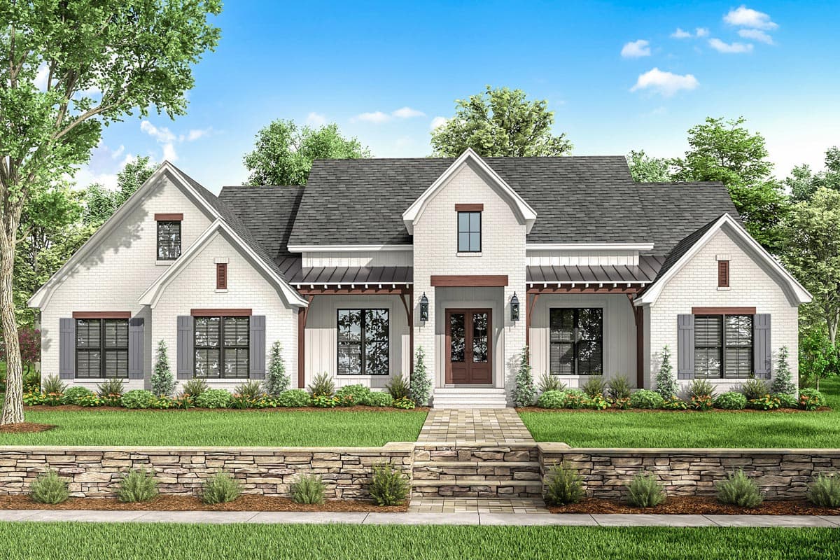 House plan exterior. Two-story Modern Farmhouse with gabled roof, covered porch, and brick exterior with black shutters.