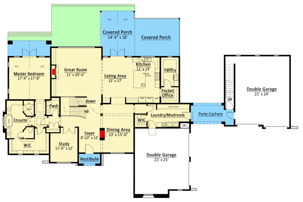Plan 270007AF: Captivating European House Plan with Multiple Bonus Rooms Above Garages - 5064 Sq Ft - Floor Plan - Main Level - Colonial, European, French Country
