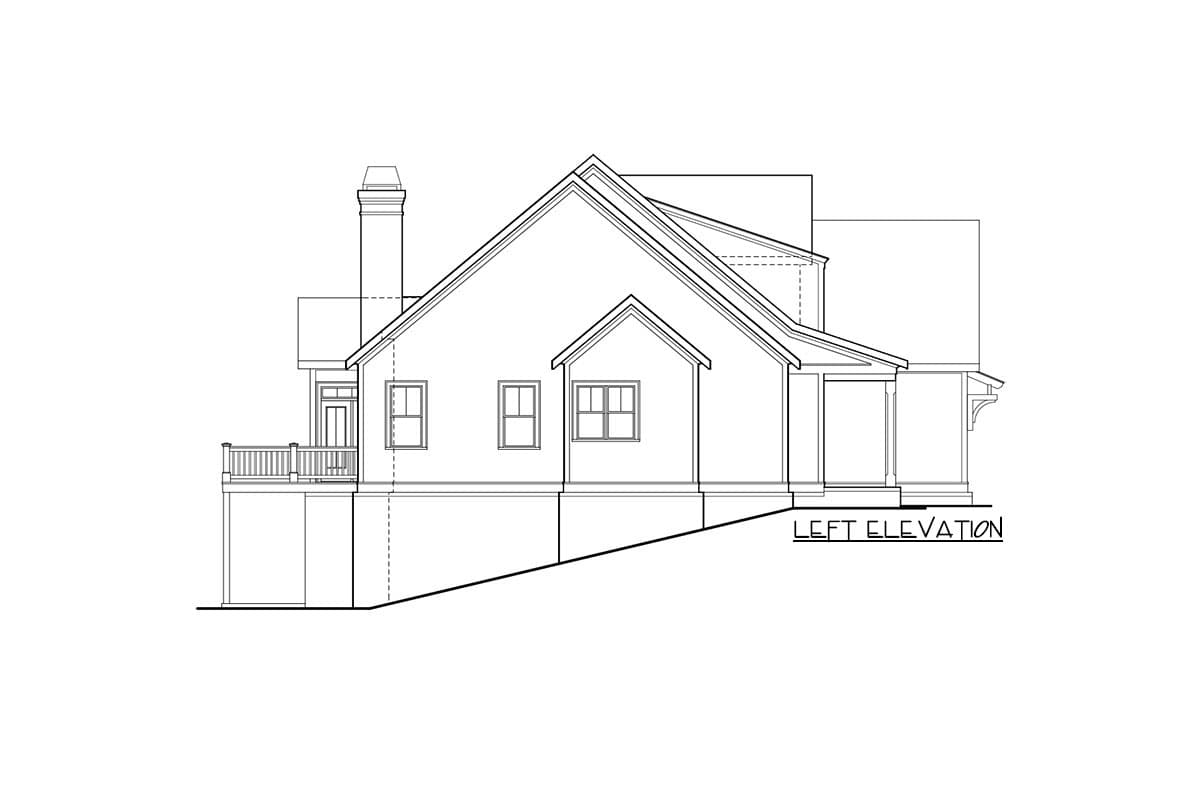Left elevation drawing of a house plan featuring a prominent gable, chimney, and covered porch.