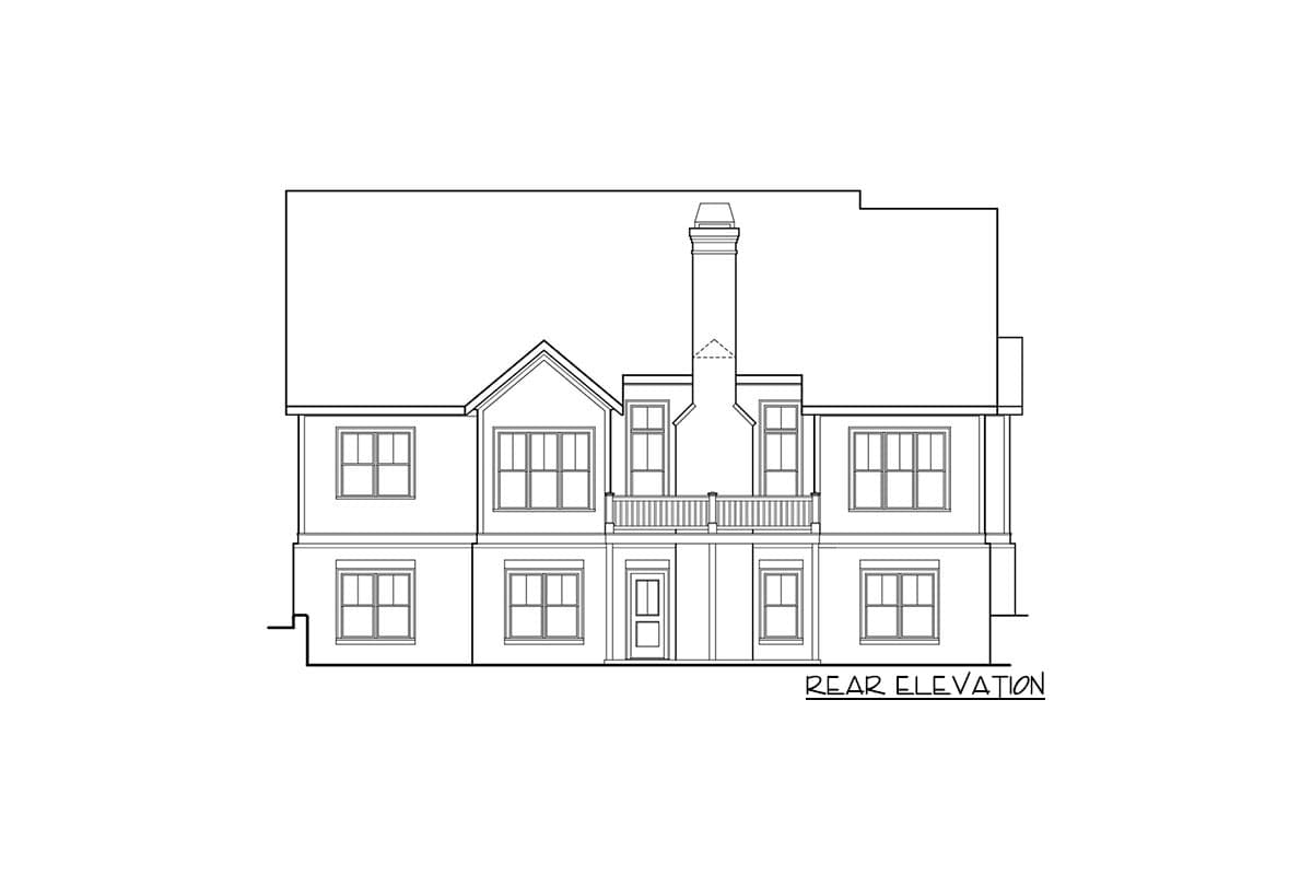Rear elevation drawing of a two-story house plan with a prominent chimney, balcony, and multiple windows.