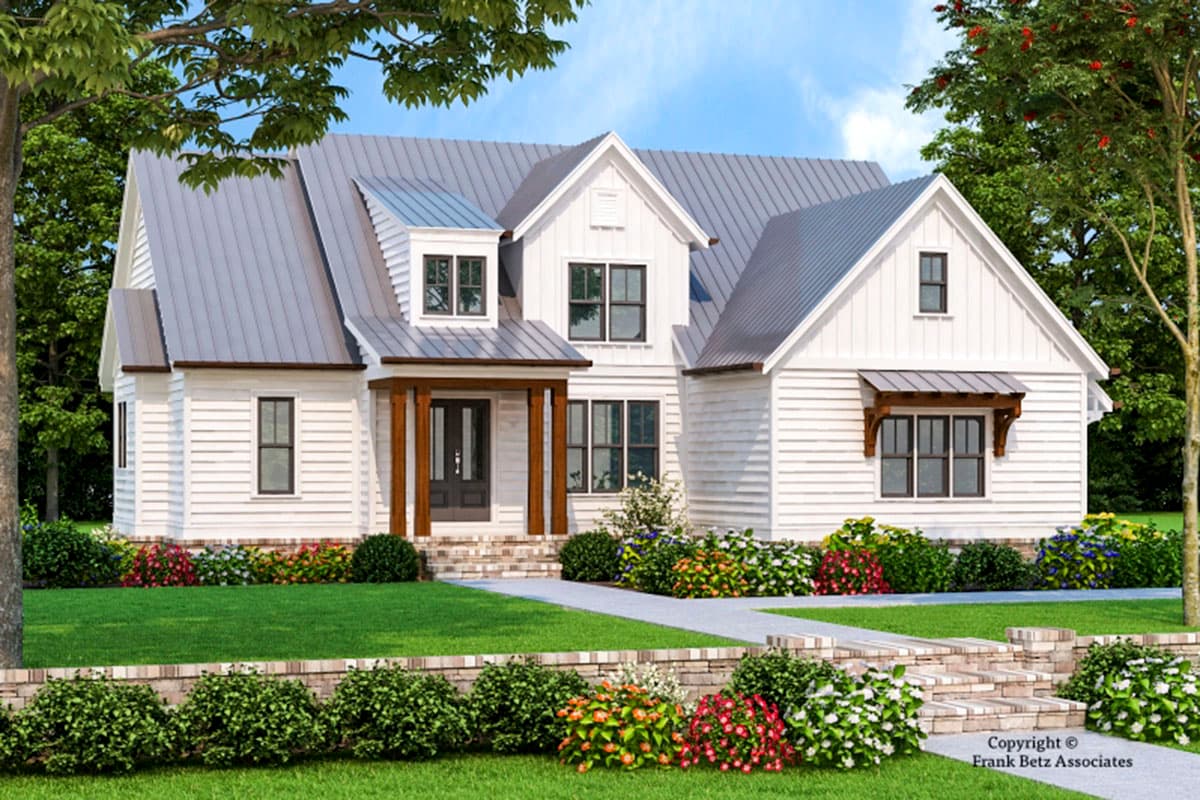 House plan exterior. Two-story Modern Farmhouse with gables, a metal roof, and a covered porch. Features include dormers and exposed timber supports.