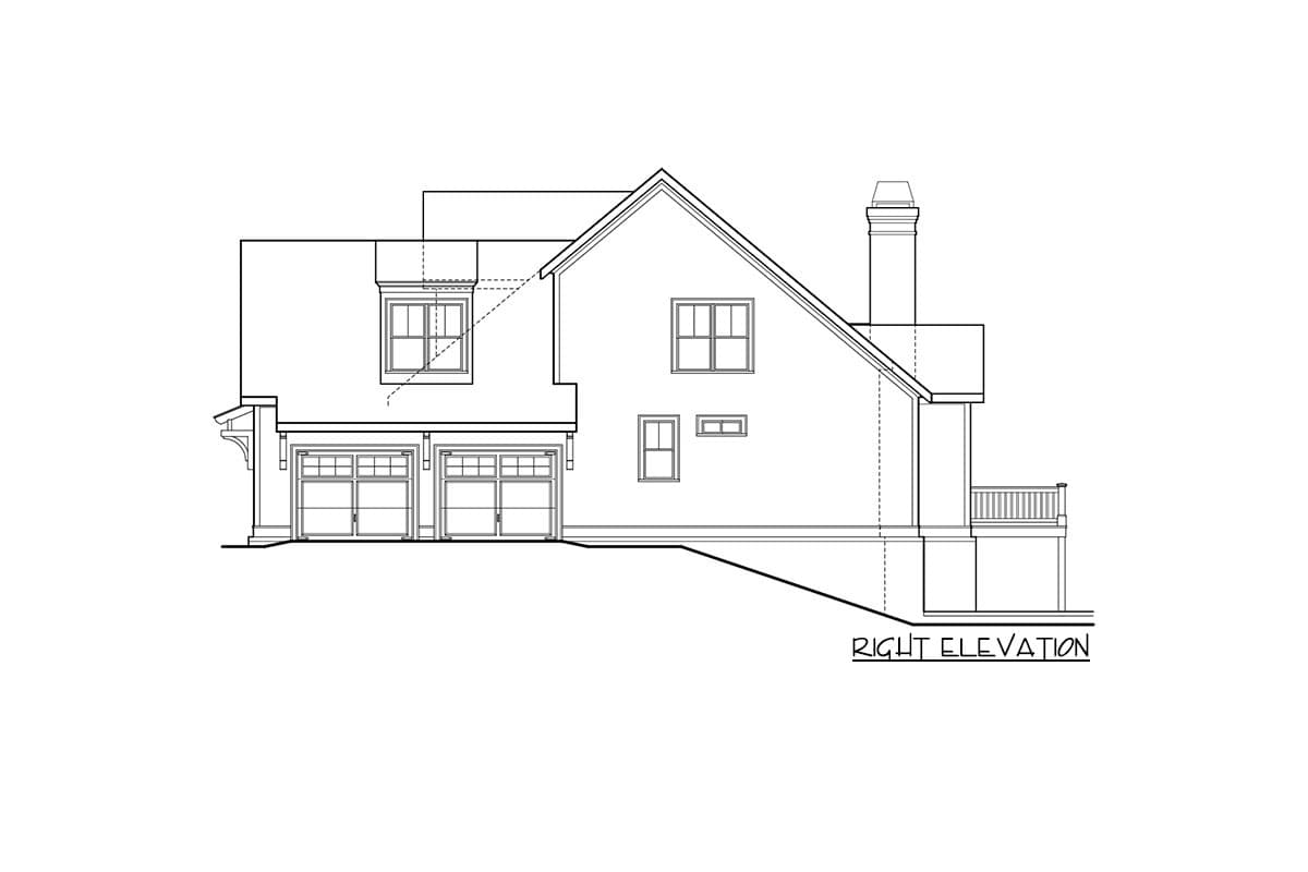 Right elevation house plan with a two-car garage, gabled roof, dormer, and balcony.