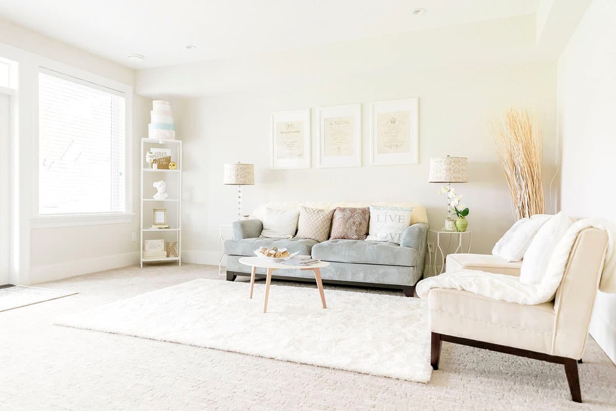 Living room with a blue sofa, armless chair, white rug, and framed art on the wall.