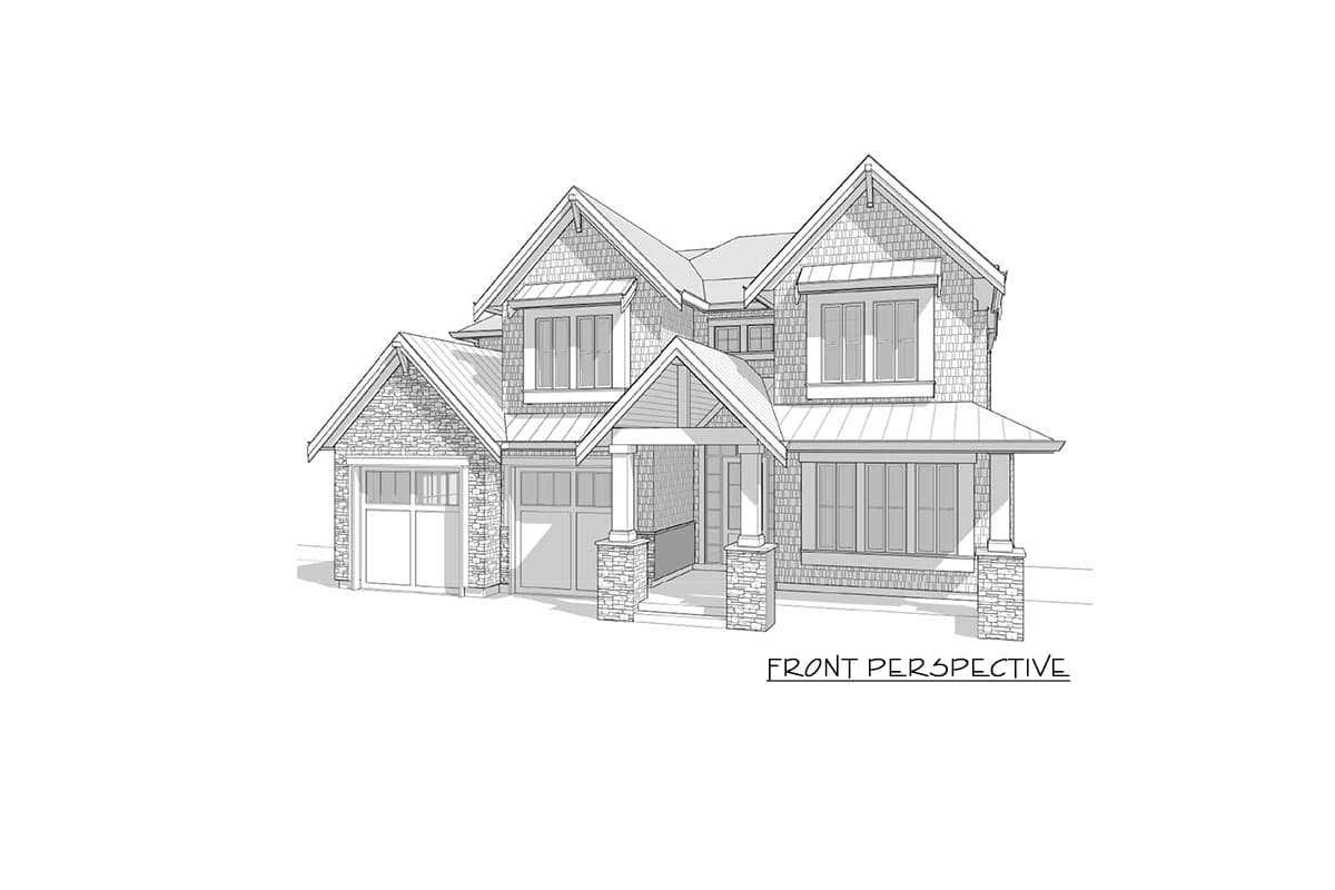 House plan exterior sketch featuring stone accents, gabled rooflines, dual garage doors, and a covered front entry with pillars.