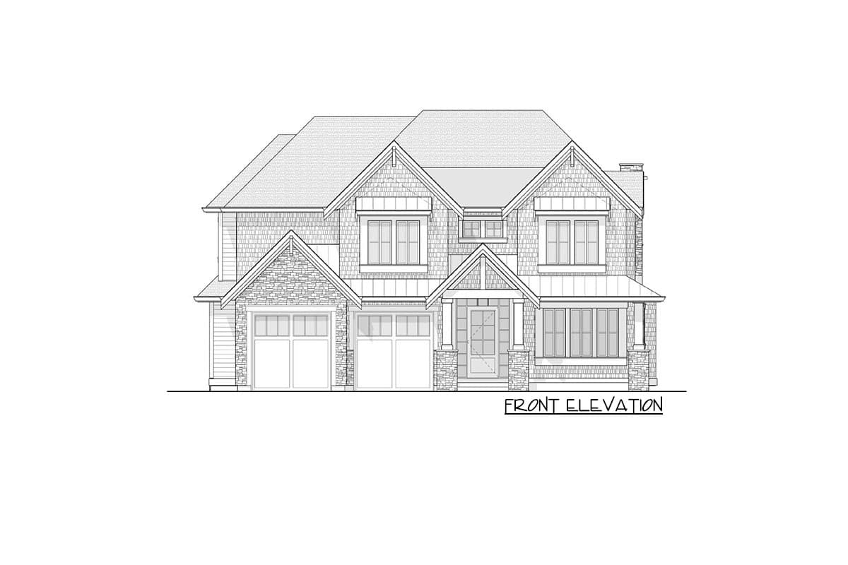 Front elevation house plan with two-car garage, gable rooflines, stone and shingle siding, and covered entry.