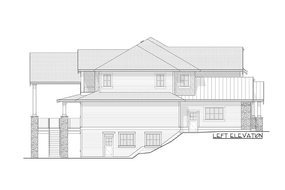 Left elevation of a house plan featuring multiple gables, hip rooflines, wood siding, stone accents, covered porch, and a deck.