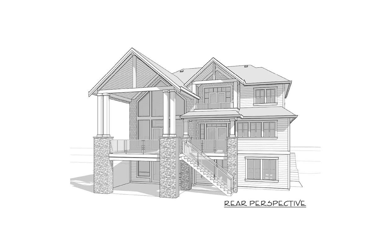 House plan exterior, two stories, covered porch, stone accents, multiple gables, and large windows.