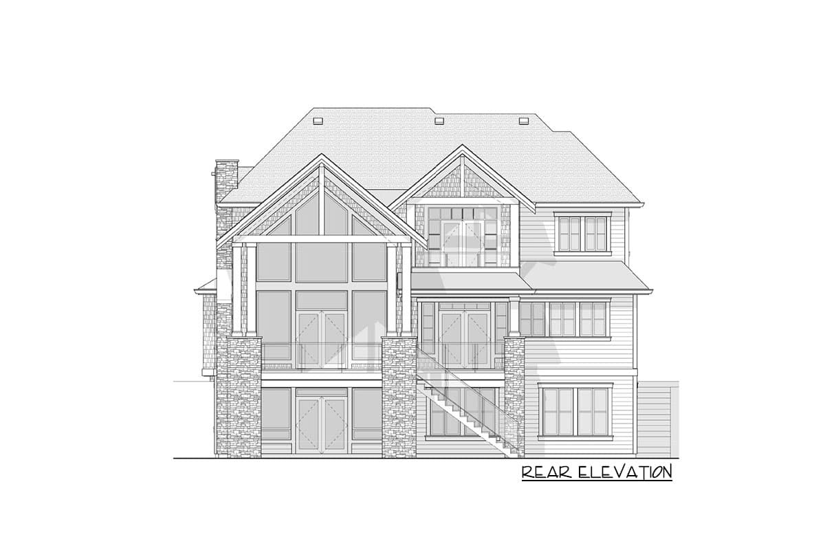 Rear elevation drawing of a multi-story house with stone accents, multiple gables, and large windows.