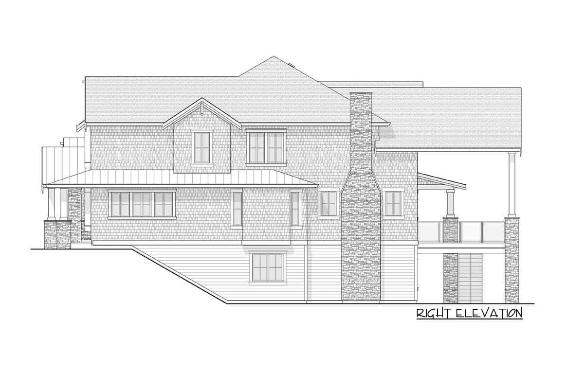 Right elevation house plan showing multiple gables, a stone chimney, and covered porch with glass railing.