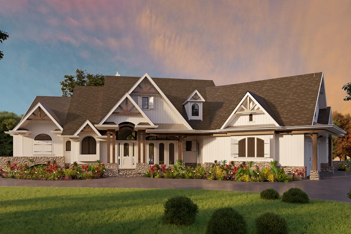 House plan exterior with Craftsman style elements. Features include multiple gables, a covered porch, and exposed rafter tails. One story home.