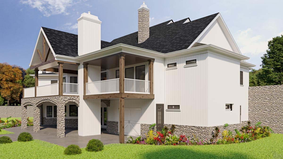 Modern Farmhouse house plan exterior with stone accents, multiple gables, exposed wood beams, and covered balconies.