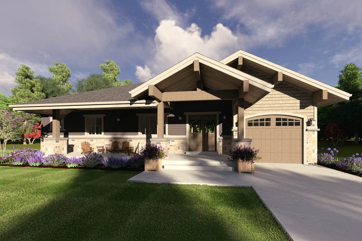 House plan exterior in Craftsman style. Features include a covered porch with stone columns, exposed rafter tails, and a front-facing garage.