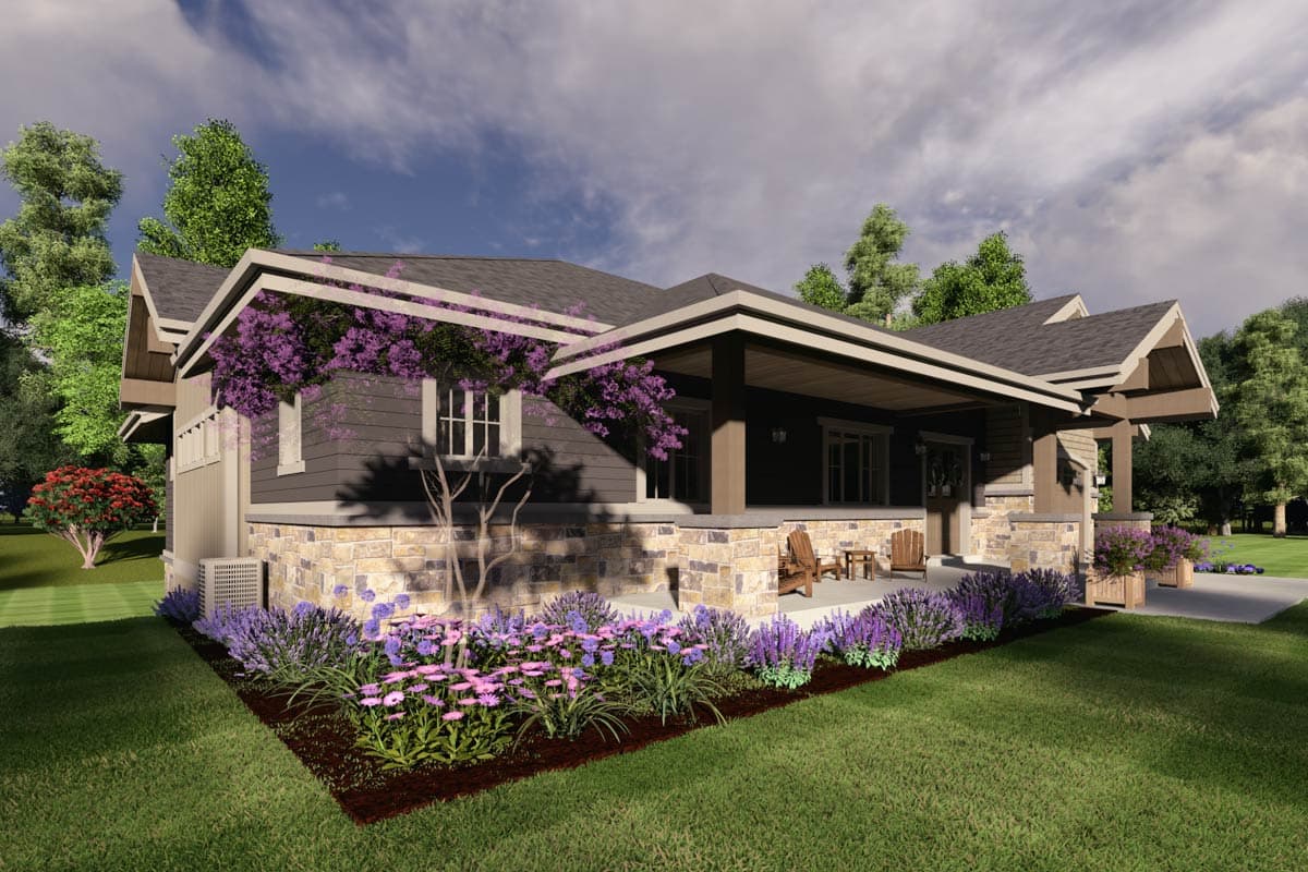 House plan exterior: Single-story modern craftsman with stone base, wide covered porch, gabled rooflines, and exposed rafter tails.