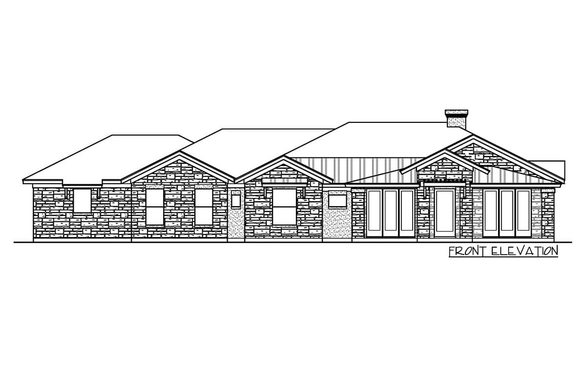 Front elevation house plan with stone veneer, multiple gables, and large glass doors.