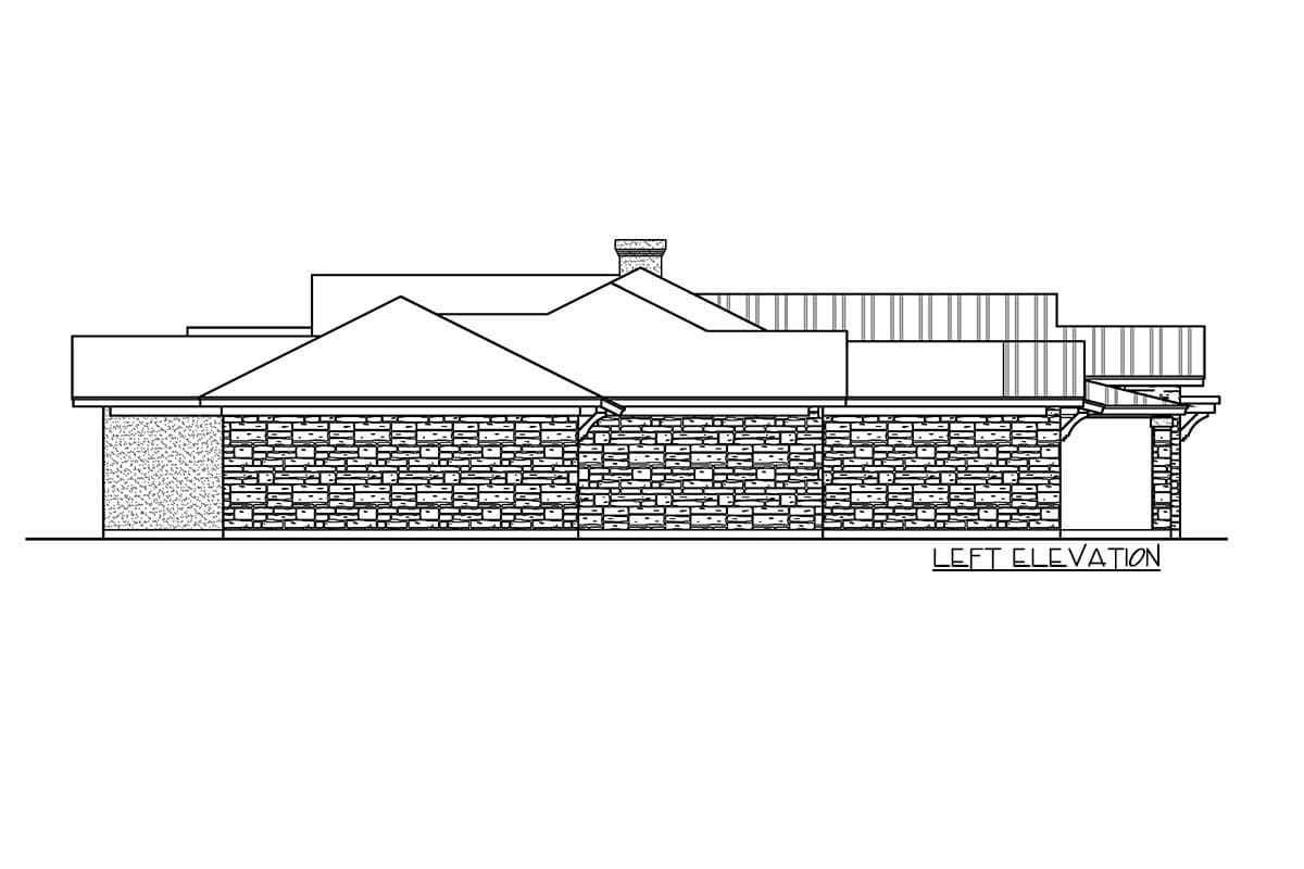 Left elevation drawing of a single-story house plan featuring stone veneer, multiple rooflines, and a chimney.