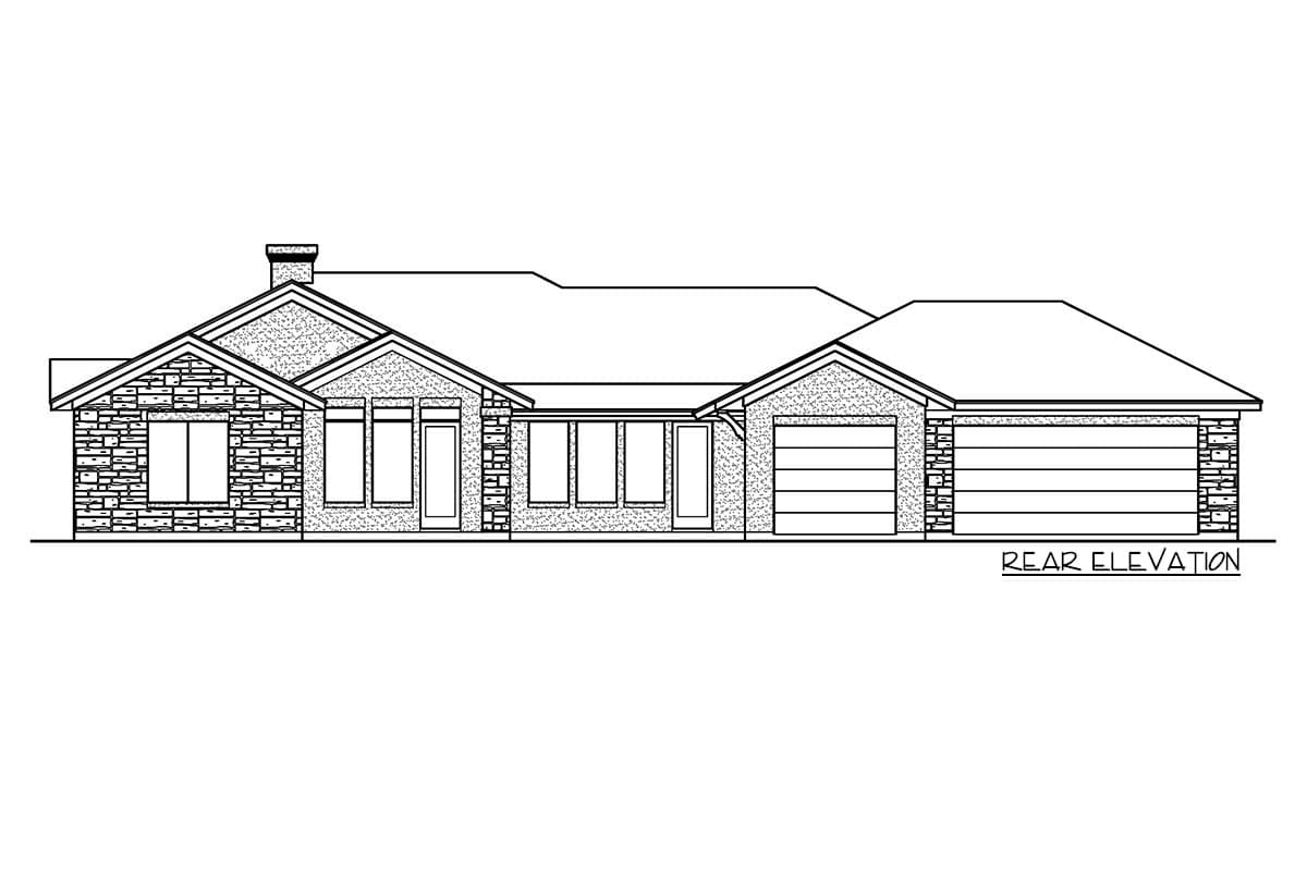 Rear elevation drawing of a single-story house plan with stone accents, a prominent gable, and a two-car garage.