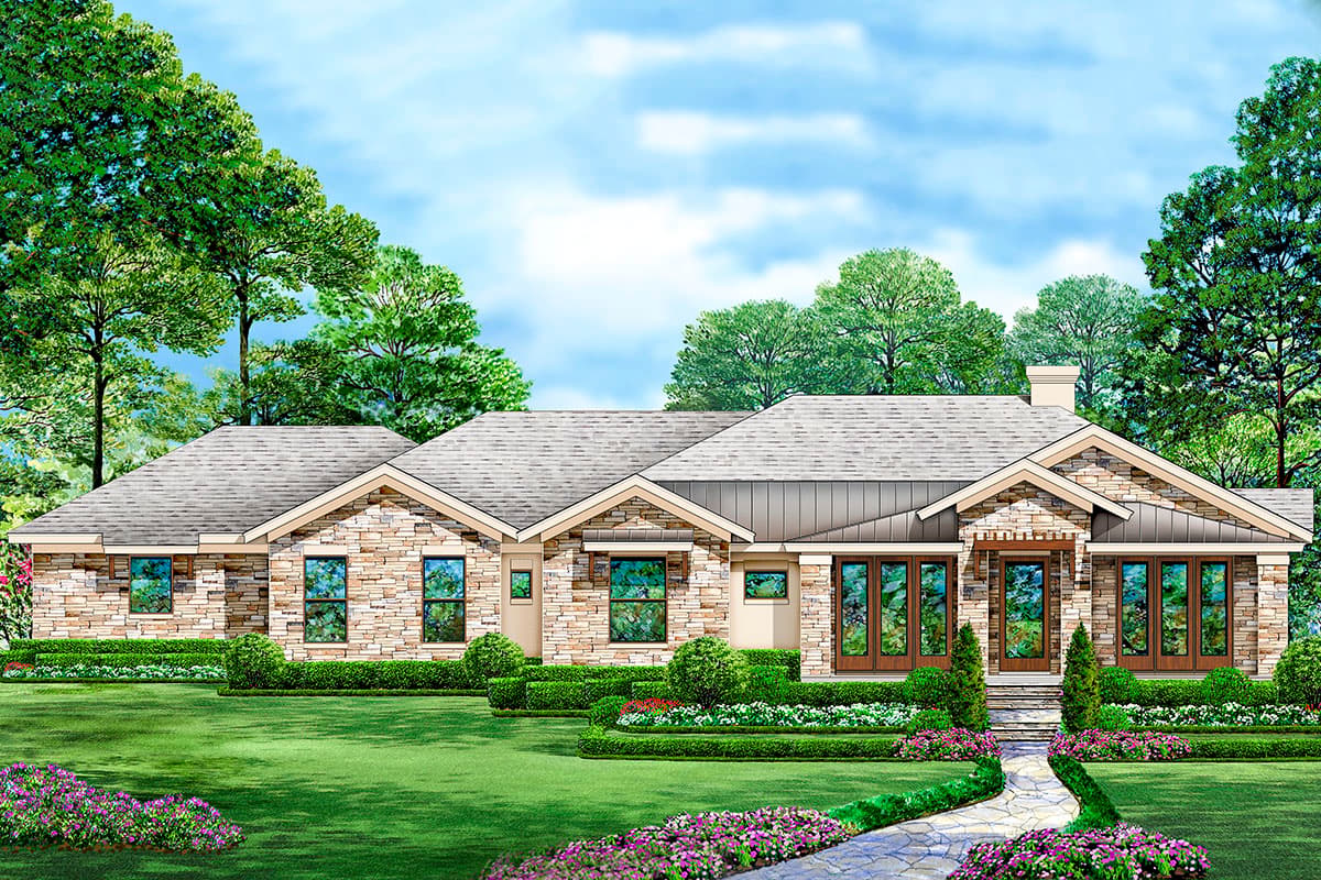 House plan exterior with stone veneer, single story, multiple gables, and a prominent front entrance with double doors.