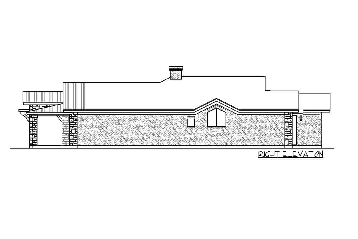 Right elevation drawing of a house plan showing a pitched roof, gabled dormer, chimney, and covered porch.