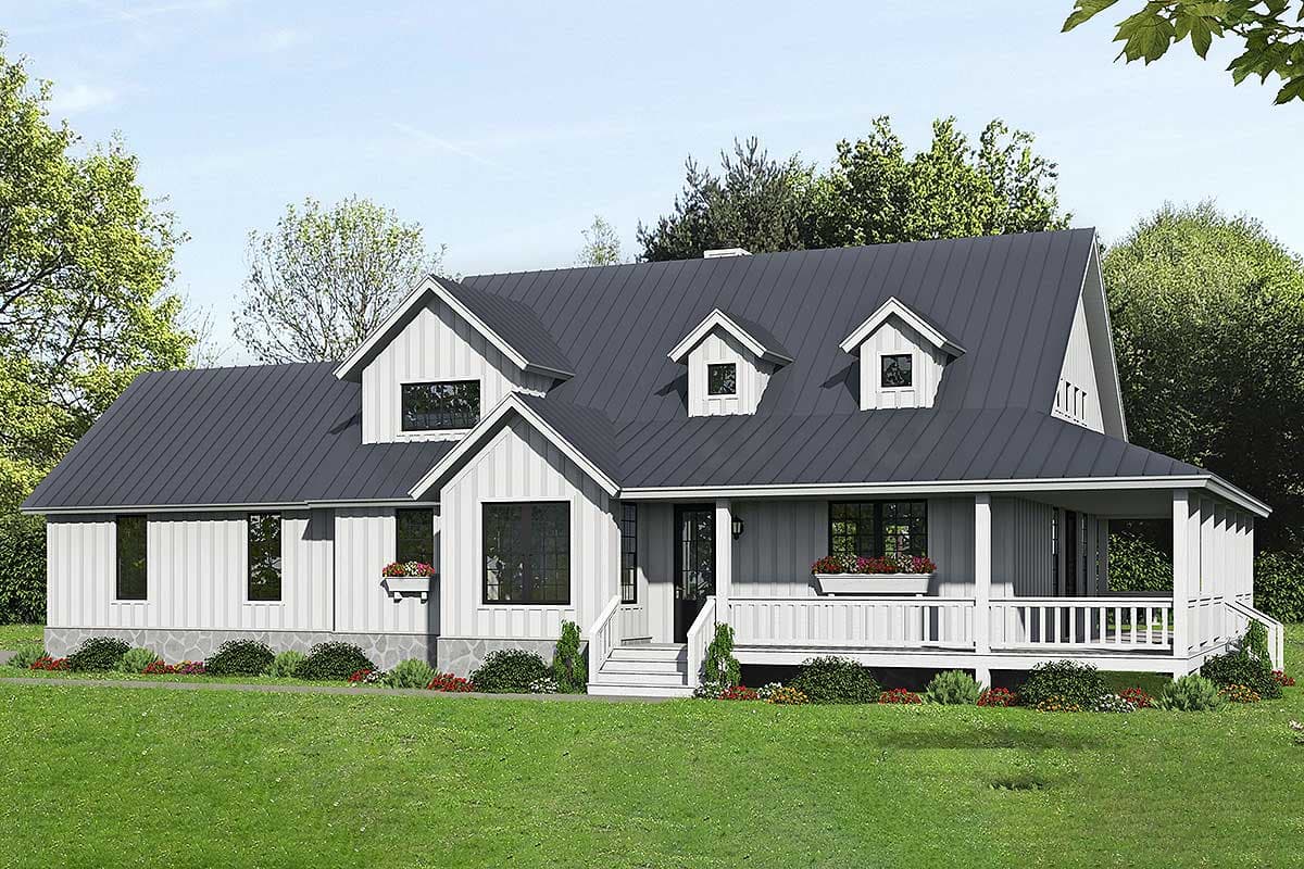 House plan exterior. Modern Farmhouse style with two stories, gabled roof, dormers, and a covered porch with railing.