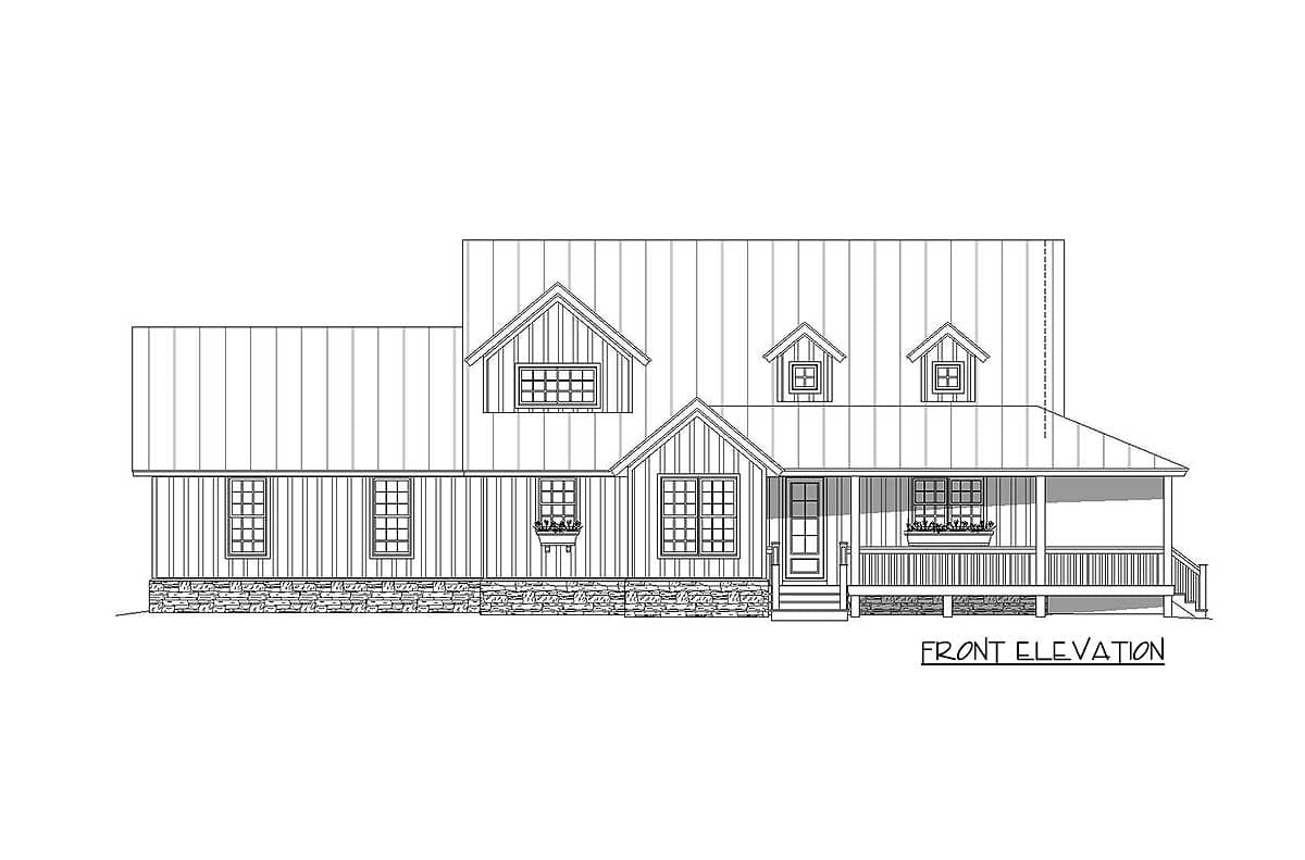 Front elevation drawing of a two-story house with a wrap-around porch, dormers, and metal roof.