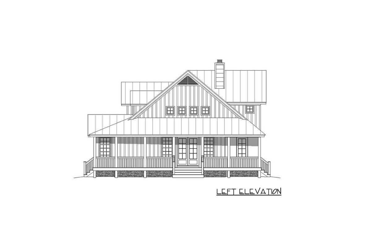 Left elevation house plan with a wrap-around porch, metal roof, and central gable with dormer windows.