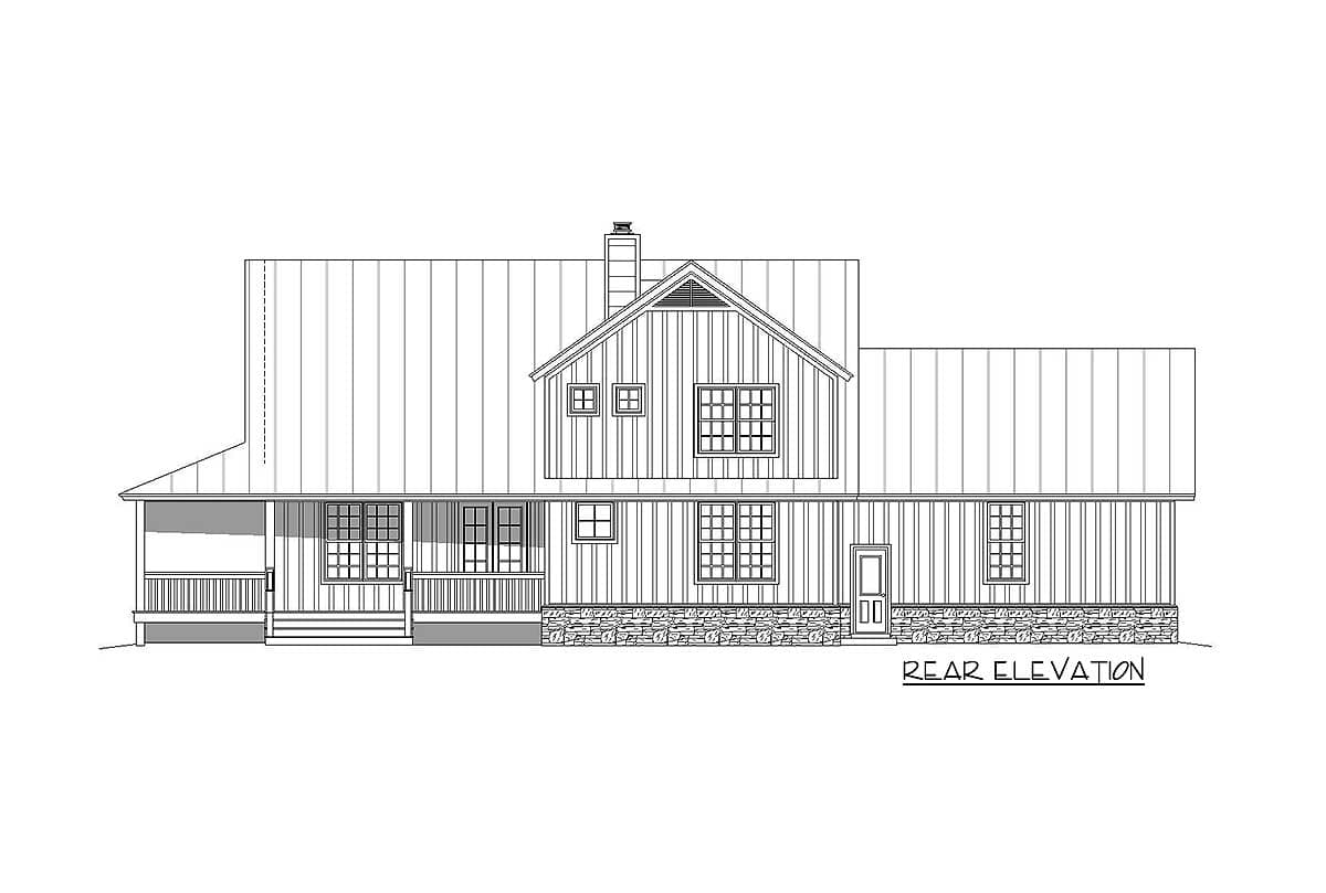 Rear elevation house plan showing a two-story house with a porch, gables, dormers, and stone foundation.