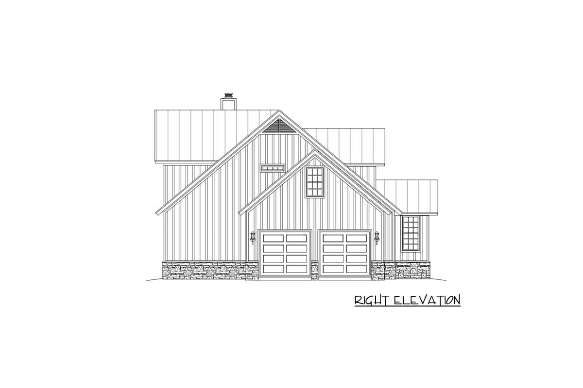 Right elevation house plan drawing featuring a metal roof, gables, two garage doors, and stone foundation.