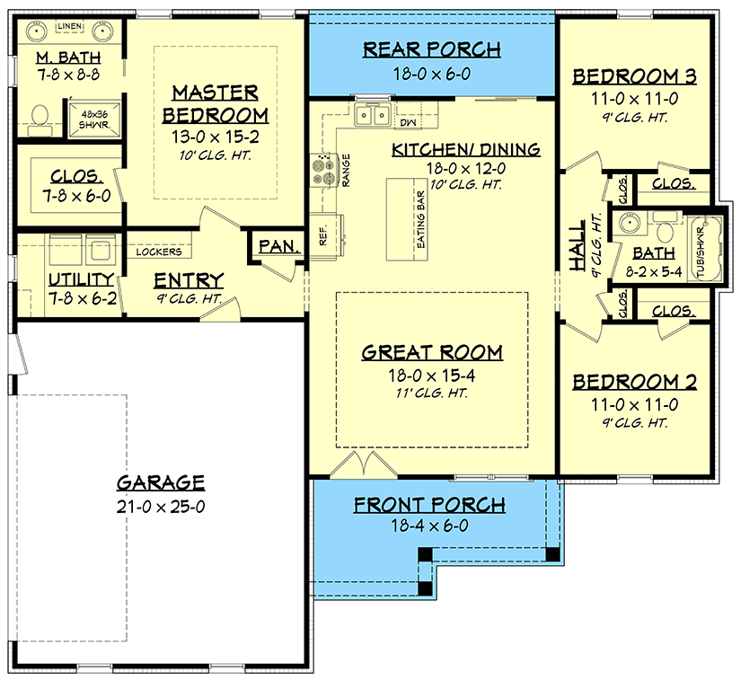 Plan 51811HZ: 3-Bed New American Ranch Home Plan - 1398 Sq Ft - Floor Plan - Main Level - Country, Farmhouse, New American, Ranch, Southern, Traditional
