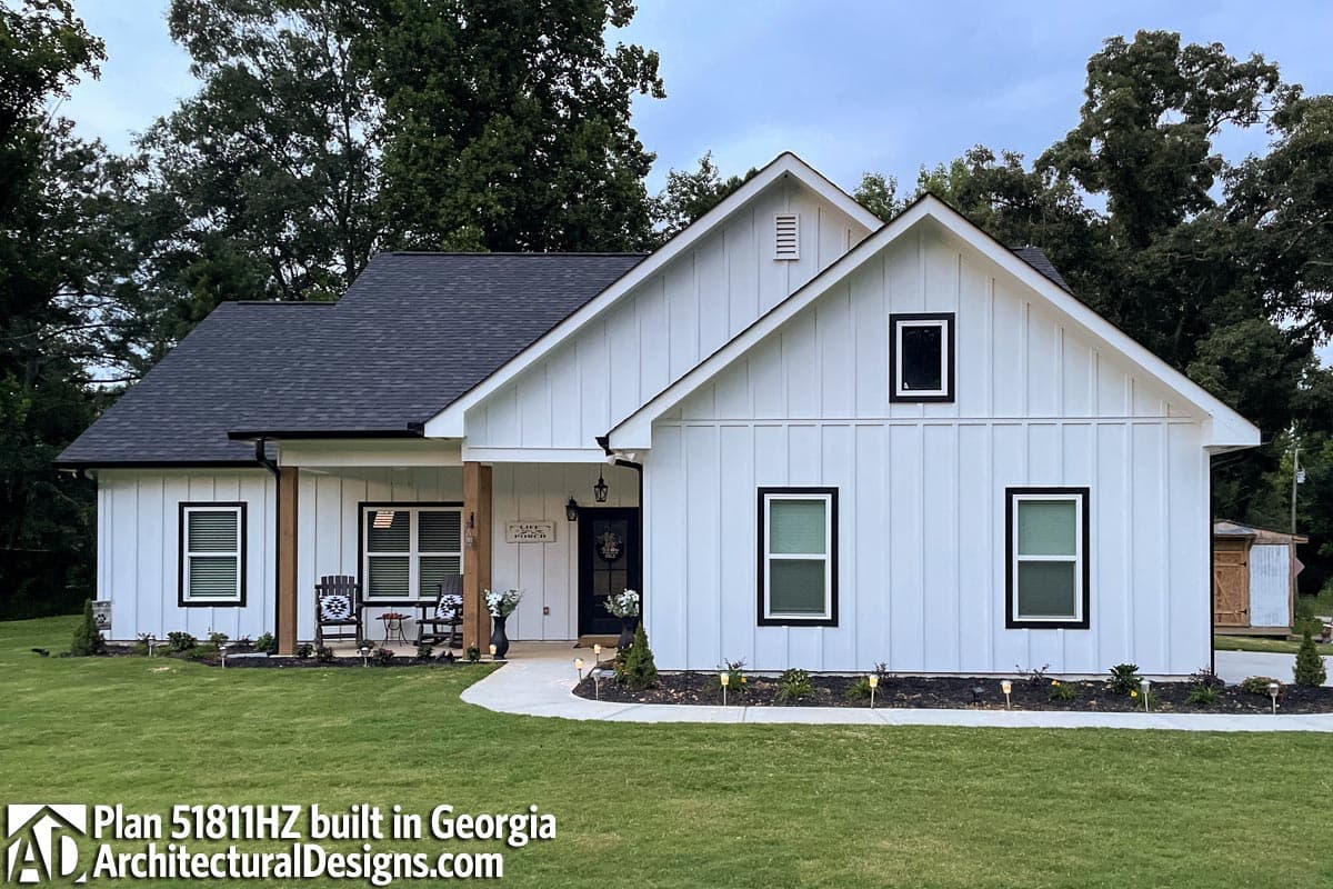 Modern Farmhouse house plan exterior with gabled roof, board and batten siding, covered front porch, and multiple gables.