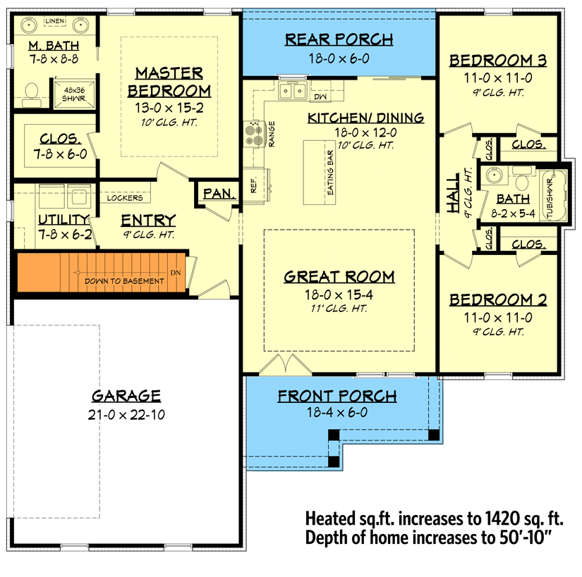 Plan 51811HZ: 3-Bed New American Ranch Home Plan - 1398 Sq Ft - Floor Plan - Main Level with Basement Option - Country, Farmhouse, New American, Ranch, Southern, Traditional