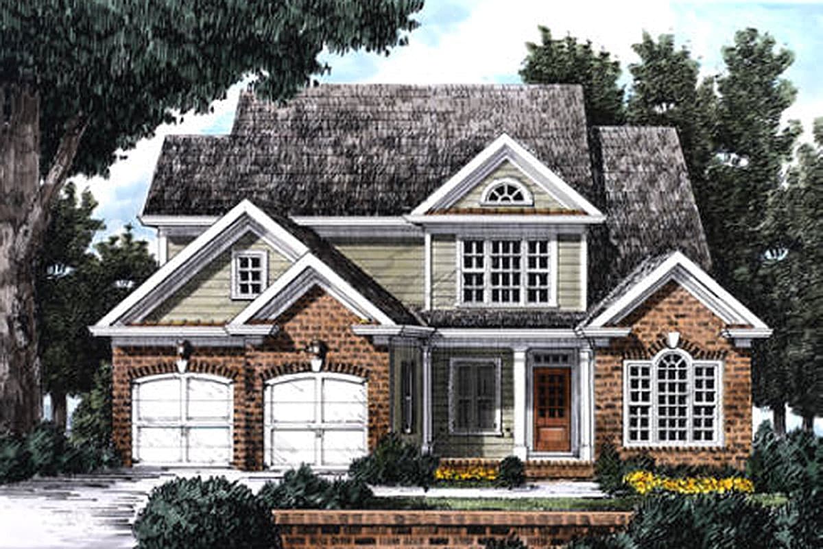 House plan exterior of two-story home with brick base, dormers, gables, and a two-car garage.