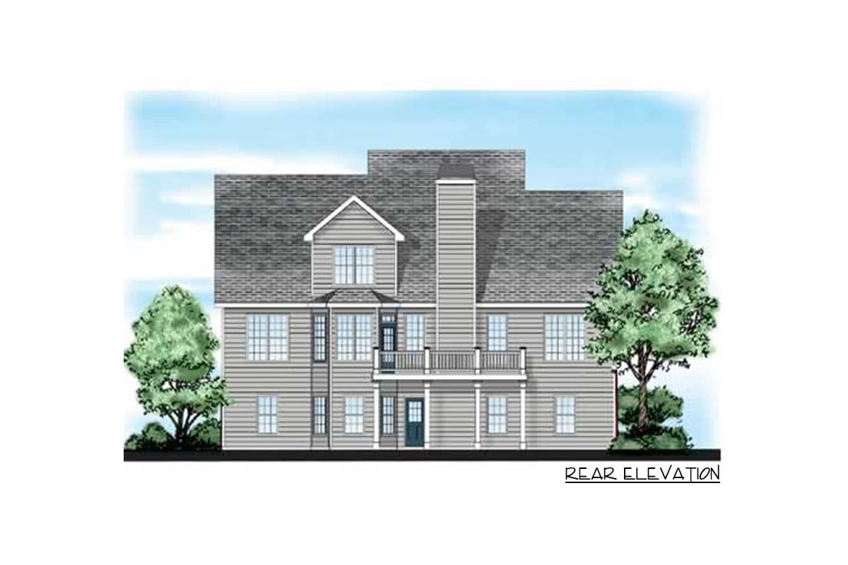 Rear elevation of a two-story house plan with a central gable, chimney, and upper-level balcony.