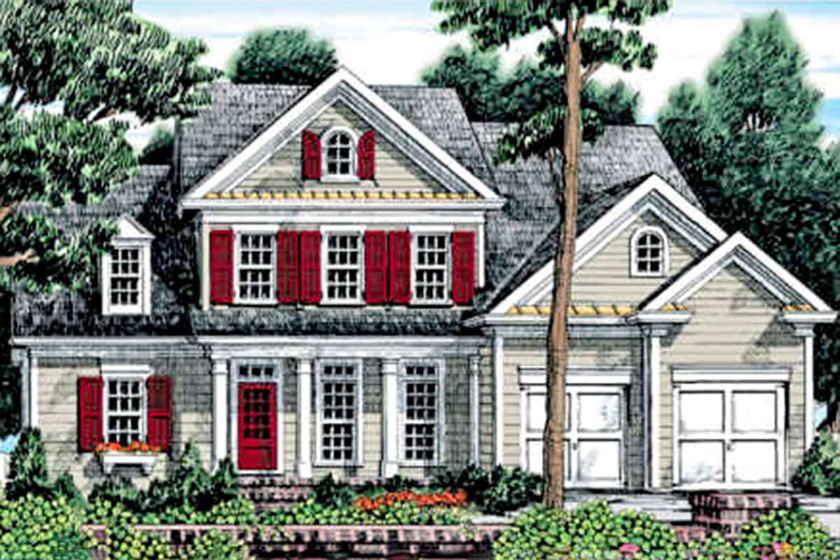 House plan exterior featuring a two-story Colonial style with gables, multiple dormers, and a two-car garage.