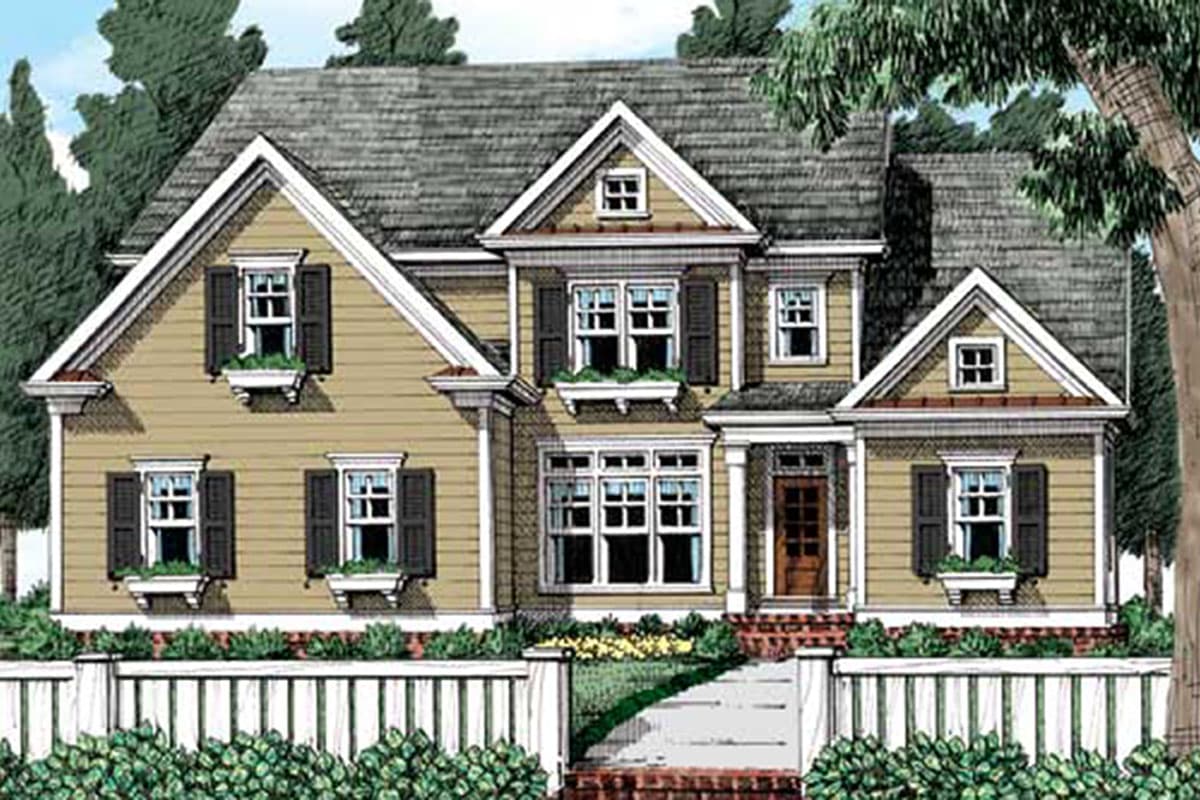 House plan exterior. Two-story Colonial with multiple gables, shuttered windows, and a front porch. Features dormers, and a prominent roofline.
