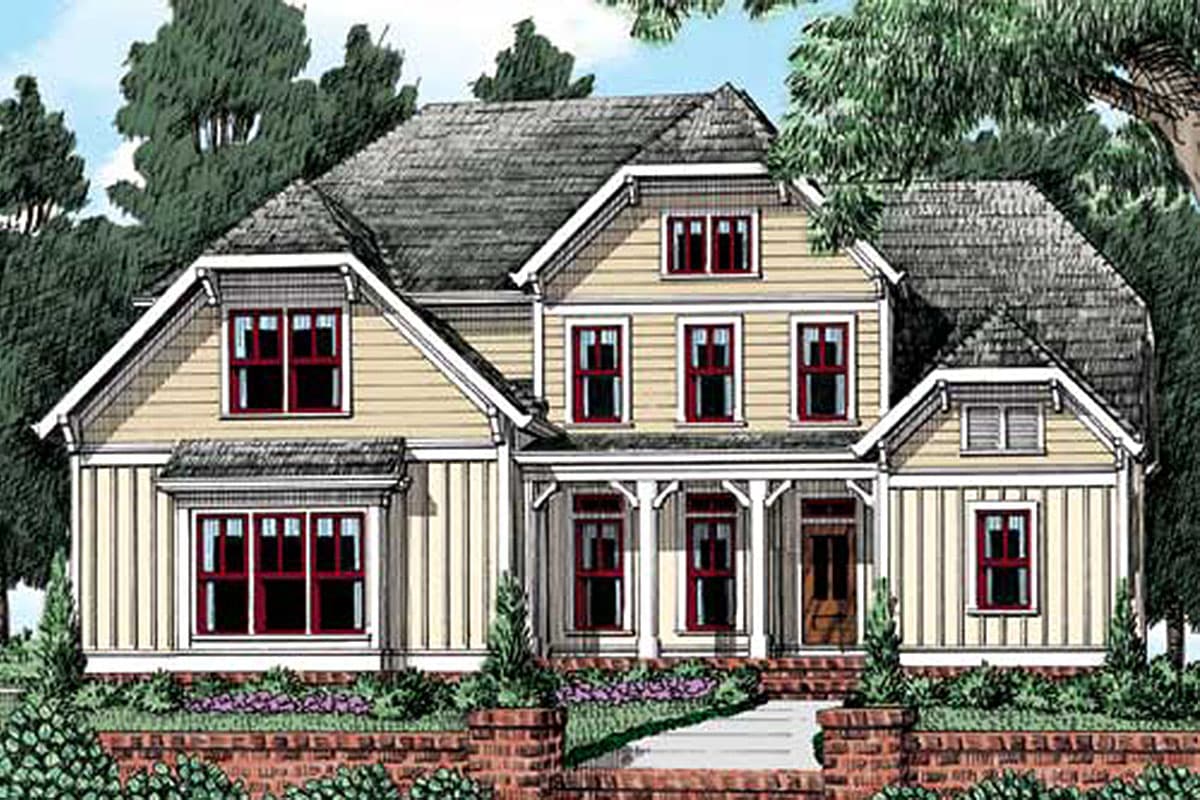 House plan exterior. Two-story Craftsman home with a front porch, gabled roof, and multiple dormers. Features vertical siding and a brick foundation.