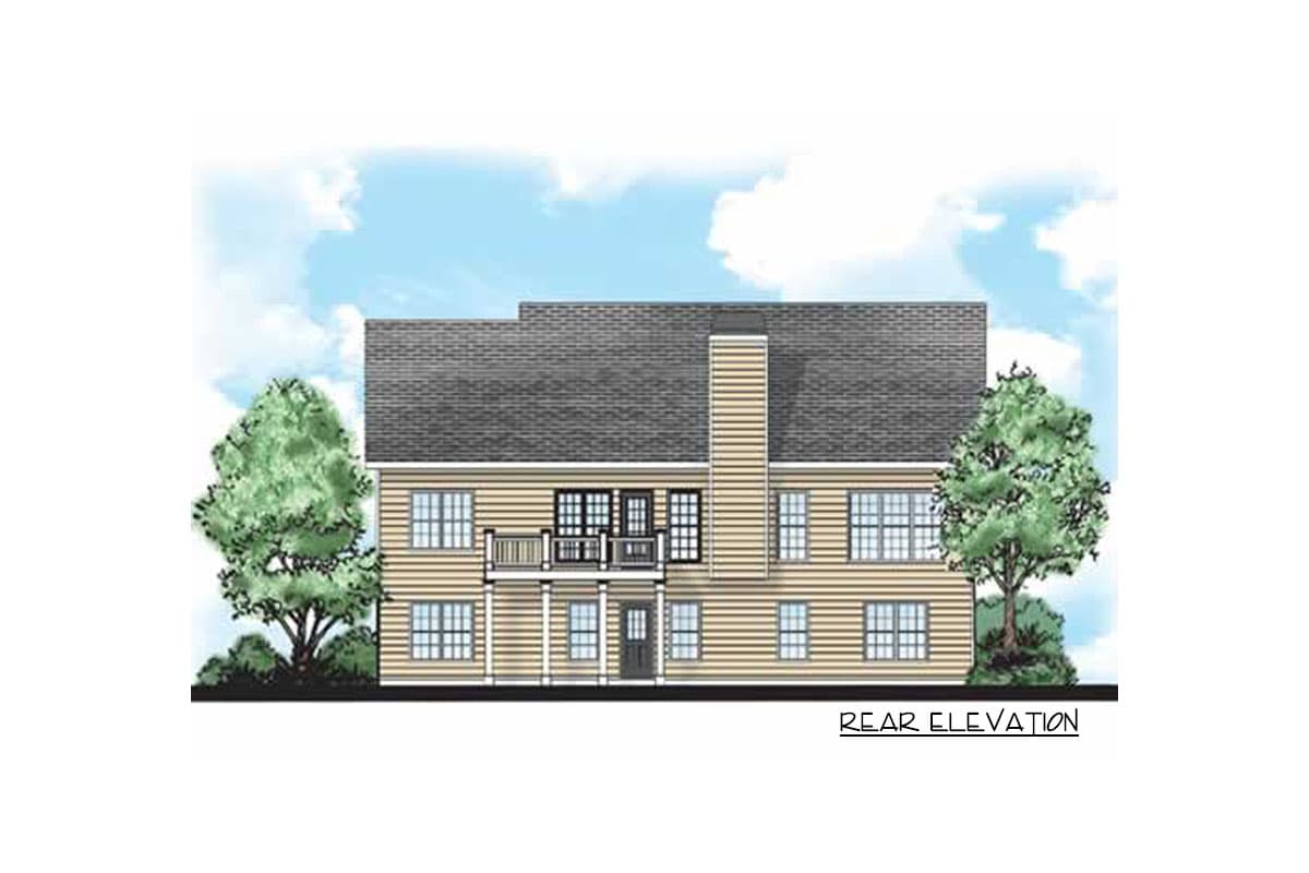 Rear elevation drawing of a two-story house plan with a deck, double doors, and a prominent chimney.