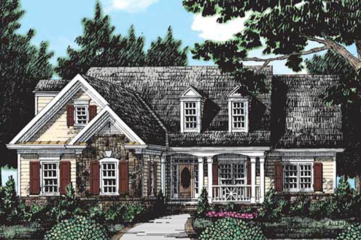 House plan exterior with stone and siding facade, two stories, gable roof, and front porch with columns and railings.