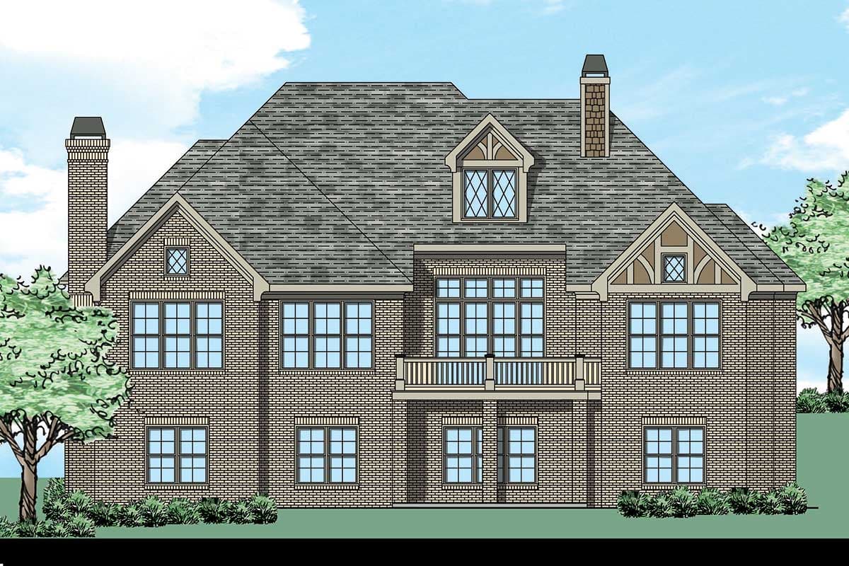 House plan exterior drawing of a two-story brick home with multiple gables, dormers, and a balcony.