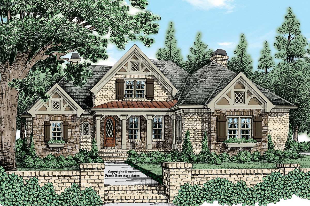 House plan exterior rendering. Features include a brick exterior, gabled roof, window shutters, and a covered porch. One-story home.