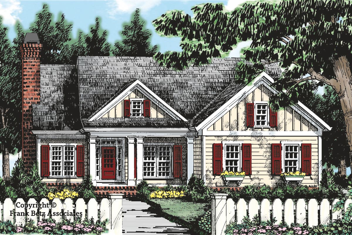 House plan exterior. Two-story Craftsman home with gabled roof, brick chimney, and front porch with columns. Features red shutters and door.